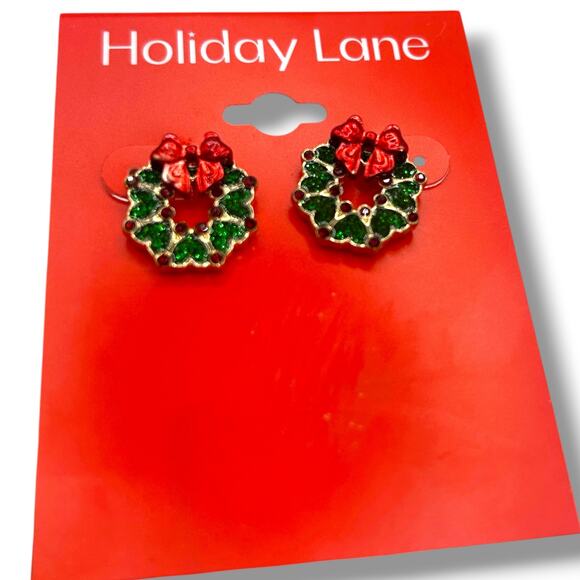 NEW Holiday Lane Christmas Wreath Earrings Small Hoop Drop Winter Festive Hearts - Picture 2 of 10